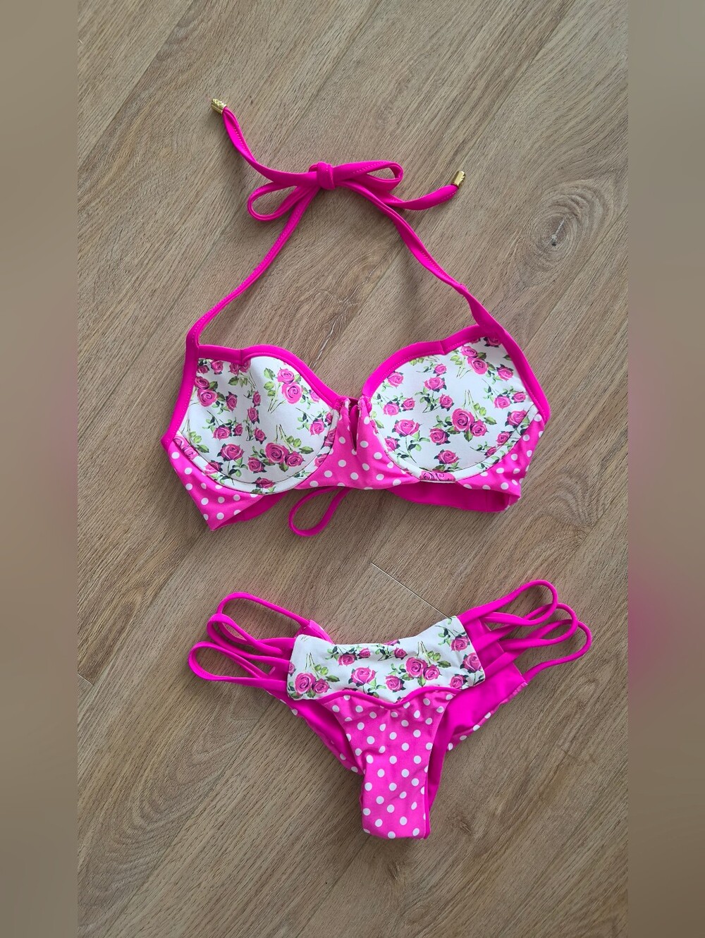 Beach Bunny Hot Pink Floral & Polka Dot Bikini Set